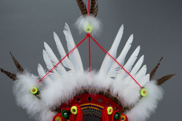 羽毛、毛線、亮片、塑膠串珠、棉、麻、山豬牙、竹條、人造纖維